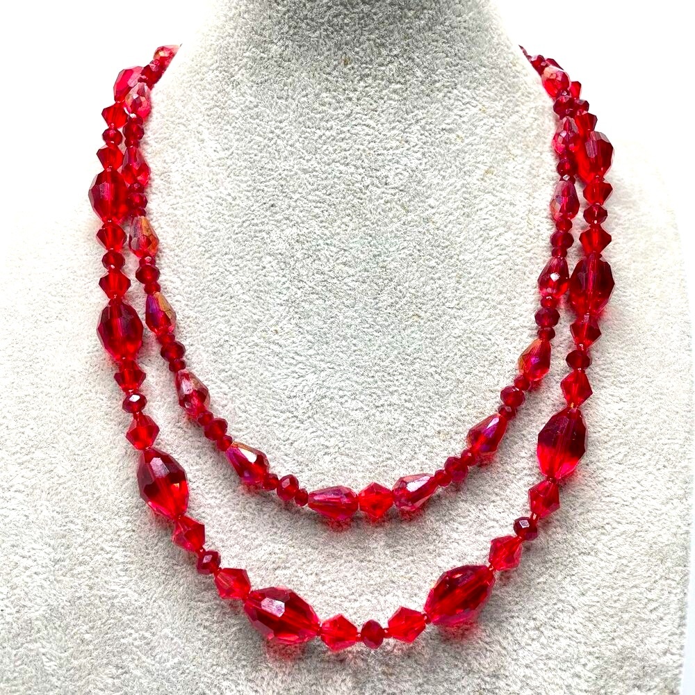 Artisan Red Crystal Beaded Two Layer Necklace Statement Stunning One of a Kind